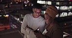 Night, man and black woman with smartphone, connection and social media outdoor. Latino male, Nigerian female and cellphone for communication, share ideas and discussion late evening or online search