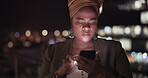 Search, night and phone with business woman in city for communication, social media and networking. Internet, technology and email with black woman on rooftop for app, data and news in New York