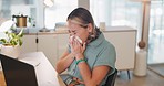 Allergies, office and woman blowing her nose from sinus, sickness or flu while working on a project. Professional, creative and female marketing employee from Asia sneezing in tissue in the workplace