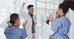 Doctors, success or celebration and throwing papers in life insurance diversity, medicine goals or healthcare target. Smile, happy or excited people or nurses in clapping, cheering or winner gesture