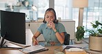Headache, office and woman drinking a pill to recover from a stress problem, sickness or pain. Stress, burnout and female marketing employee with migraine taking a tablet with water in the workplace.