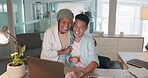 Collaboration, winner and high five with a business team hugging in celebration at work in their office. Laptop, teamwork and diversity with a man and woman employee celebrating a goal or target
