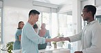 Teamwork, fist bump and people in office for hello, welcome and onboarding in creative startup, gen z friends and deal. Happy black man and asian partner doing handshake for goals, success or culture