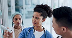 Nurse, planning or diversity meeting on hospital calendar, sticky notes strategy or glass wall innovation. Healthcare, people or talking doctor with medical vision, surgery ideas or teamwork schedule