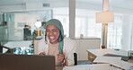 Business, success and rewind of muslim woman on laptop for celebration of sales target, winner or trading deal. Happy hijab worker, computer or celebrate goals, throwing paper or motivation of profit
