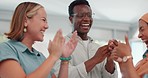 Clapping, celebration and happy people in office teamwork, success and excited in startup goals, target or achievement. Applause, hands together and thumbs up of diversity worker, employee or staff