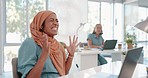 Winner, laptop and excited with a business muslim woman in celebration while working in her office. Motivation, wow and success with an islamic female employee celebrating a deal, goal or target