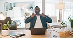African businessman, fist celebration and laptop working in office for planning success, happiness and online winner. Black man, yes and excited, celebrate corporate achievement or happy promotion 