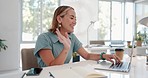 Woman, laptop and video call in office with wave, smile and happiness for communication, negotiation or talk. Young female executive, corporate startup and computer for webinar for learning at desk