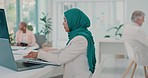 Computer, documents or Muslim startup woman research review, data analysis or company KPI growth report. Technology, creative or female employee typing calendar agenda, marketing or social media SEO