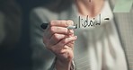 Closeup hand, writing and glass board with woman, planning and strategy in office with pen, sticky note and goal. Executive leader, brainstorming and creative leadership for ideas, goals and notes