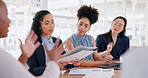 Teamwork, collaboration and business people with documents in meeting. Planning, laptop and group of women with computer and paperwork discussing sales, advertising or marketing strategy in office.