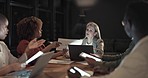 Night, business people and meeting collaboration in office for teamwork, kpi documents deadline or startup mission innovation workshop. Employee discussion, late business meeting and planning vision
