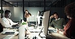 Business people, computer or night office teamwork for digital marketing ideas, strategy planning or branding innovation. Creative designers, men or women working late on technology in global startup