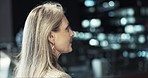 Balcony view, city and senior woman enjoy outdoor air, breathing and relax while looking at New York buildings at night. Hospitality, urban bokeh light and calm elderly person on dark hotel rooftop