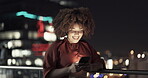 Night balcony, phone and woman typing social media app post, business email or contact social network user. New York city lights, dark rooftop and African girl reading blog, funny meme or mobile news