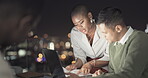 Business people, laptop and night office balcony for digital marketing ideas, strategy planning or branding vision. Creative designers, men and woman working late on technology in global city startup