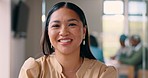 Woman, face and smile in office, workplace or startup for marketing with happiness, focus and vision. Asian corporate leader, portrait and happy in modern office with motivation, goals and mission