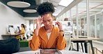 Headache, stress and overworked business woman check time on watch working in office with mental health risk. Fatigue, anxiety or burnout corporate black woman for fail, problem or error in workplace