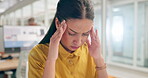 Stress, headache and tired business woman in office with pain, mental health problem and health risk. Fatigue, anxiety and burnout creative worker or employee with migraine thinking of fail or error