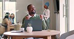 Celebration, laptop and professional black man in the office with a work achievement or goal. Happy, smile and African male employee celebrating a job promotion or company success in the workplace.