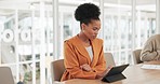 Business, black woman and tablet for typing, connection and in office. African American employee, consultant and ceo with digital marketing, online planning and schedule for brand development or tech
