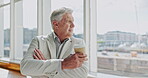 Coffee, window and thinking with a senior businessman standing arms crossed in an office with a view. Management, idea and corporate with a mature male manager looking confused or in doubt at work