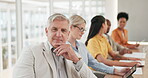 Thinking businessman, face or office meeting success in marketing idea management, strategy planning or confident leadership. Smile portrait, mature CEO or manager in diversity teamwork collaboration