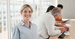 Woman, face and glasses in workplace meeting with employees, staff and company conference room in Sweden. Smile, motivation and portrait of happy female worker with happiness in business management 