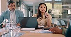 Collaboration meeting, documents or business people review social media feedback, customer experience or user sales data. Marketing analytics consulting, teamwork or manager analysis of online survey