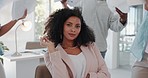 Black woman, boss and office with paper fan, team and hands with comic face at desk for leadership. Young ceo woman, funny and staff with documents for wind, help and support for confident leader