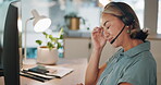 Tired, headache and call center woman tired, fatigue or depression problem in telemarketing sales career. Mental health risk, sad or depressed consultant, financial advisor or telecom agent worker