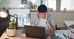 Laptop, business man and stress, tired or headache working in office with fatigue, anxiety or depression. Sad, depressed and mental health risk of digital online worker or employee burnout and crisis