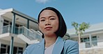 Portrait, woman and real estate realtor outside building, apartment and property for sale. Face, agent and asian woman with vision for success, opportunity and development against blue sky background