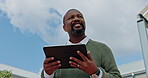 Tablet, mindset and research with a business black man outdoor against a blue sky background for work. 5g, search and vision with a mature male employee working outside for innovation or growth