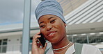 Black woman, face or talking phone call in city customer networking, advertising startup deal or Nigeria business goal. Low angle, happy worker or mobile communication technology in strategy planning