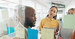 Meeting, glass and sticky notes with a business black man training, teaching or coaching his staff team. Planning, strategy and teamwork with a man and woman employee group working in collaboration