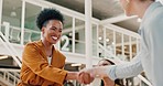 Business people shaking hands in the office for partnership, deal and agreement in meeting. Meeting, team and professional employees with handshake for welcome, onboarding or thank you in workplace.