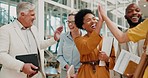 Teamwork, success and high five to celebrate business proposal or meeting for financial investment for startup. Happy marketing team walking, diversity and celebration of deal or target achievement.