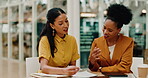 Teamwork, documents and business women in workspace planning strategy, b2b negotiation and contract review. Paperwork, question and black woman with partnership, onboard and legal communication talk