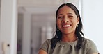 Corporate black woman, face and smile in office for vision, goal or success for happy leadership. Business leader, woman and portrait at finance job, management or mission in modern office in Atlanta
