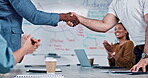 Business people, diversity handshake and clapping in meeting celebration, success promotion or partnership. Corporate hiring, team shaking hands and b2b onboarding, congratulations or career welcome
