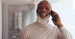 Phone call, networking and black man with phone for communication, work connection and happy strategy. Smile, conversation and senior African businessman talking on a mobile for executive discussion