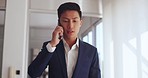 Phone call, business and asian man walking in office for communication, company negotiation and mobile networking. Young stock market trader talking on smartphone for corporate deal, sale and trading