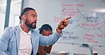 Conflict, fight and angry or frustrated businessman in a meeting arguing, warning and shouting at employee. Stress, anxiety and anger crisis at workplace with male bullying and pointing at staff