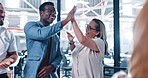 High five, applause and happy business people celebrate sales goals, achievement or success. Team building meeting, diversity group and staff excited for financial profit, teamwork or collaboration