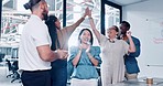 High five, meeting and happy business people celebrate sales goals, achievement or success. Team building, diversity group applause and staff excited for financial profit, teamwork or collaboration
