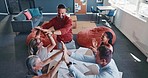Team, business or high five for target, celebration or collaboration in modern office. Staff, teamwork or gesture for partnership, project success or corporate deal with new portfolio or sales growth