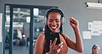 Music, phone and dance with a business black woman walking through her office breakroom while having fun. Relax, radio and energy with a female employee dancing while listening to audio at work