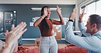 Teamwork, success and group high five with black woman leader and motivation for winner marketing team. Team building, diversity and achievement, celebration of new deal or goals at creative startup.